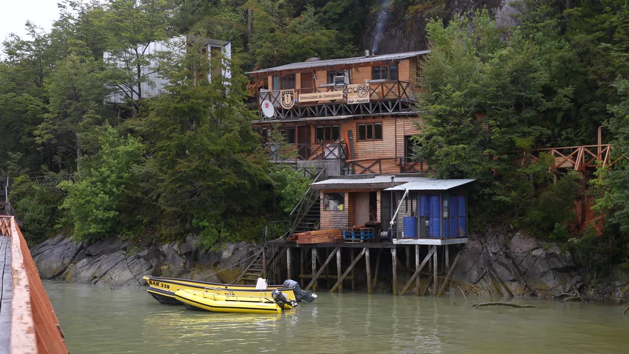 Wooden building on the coast of Patagonia, Chile