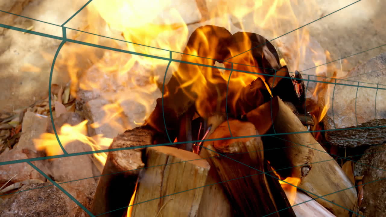 Animated 3D render split wood logs burning in rocky fire pit, flames curling around glowing embers