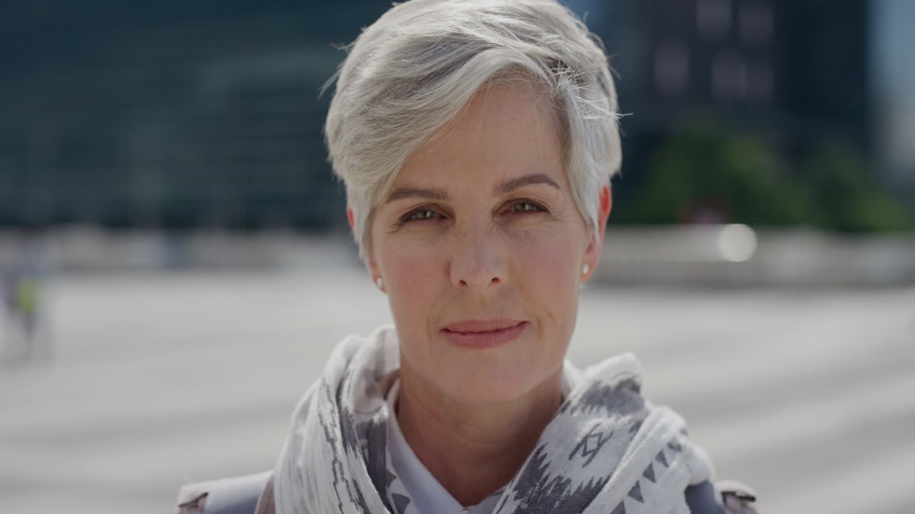 ritratto di una bella donna anziana sorridente che gode di uno stile di vita urbano di successo in città in slow motion