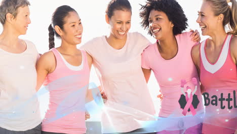 animación del logotipo de cinta rosa con texto de batalla y onda azul sobre un grupo diverso de mujeres sonrientes