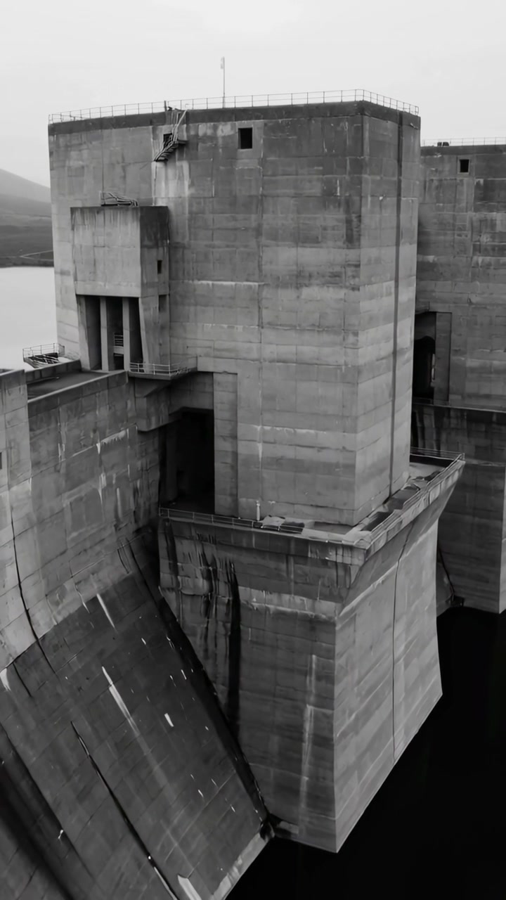 Video vertical: Cámara retrocediendo, escaneando la torre de una presa de hormigón, el aliviadero y una piscina oscura para su revisión.