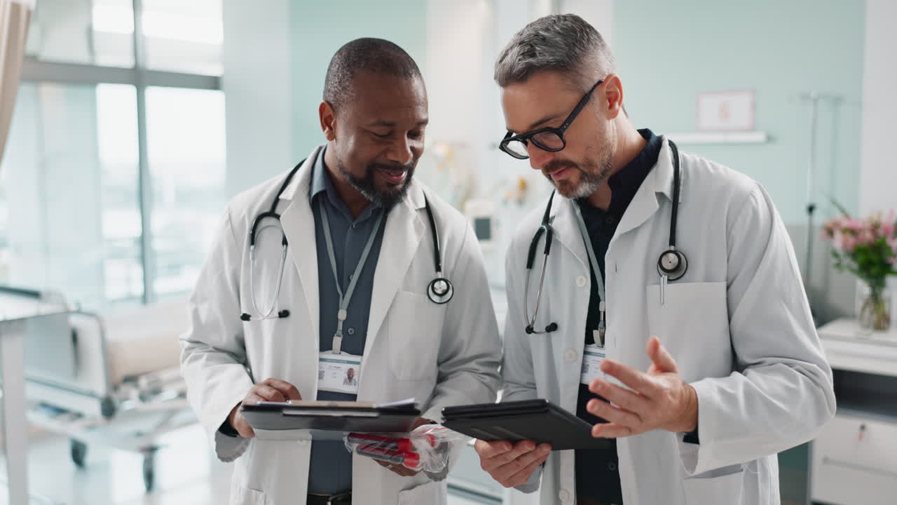 Doctors, men and tablet for team planning