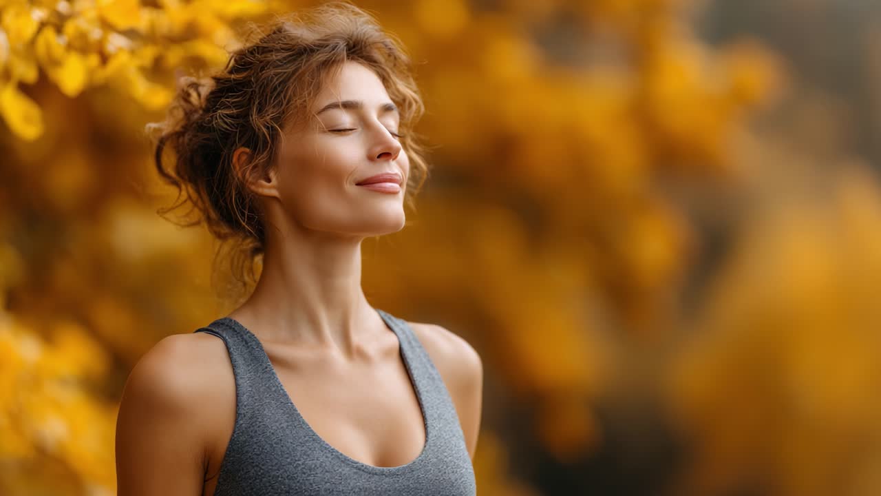Un momento sereno di riflessione: Una giovane donna che abbraccia la natura in un paesaggio autunnale dorato, irradiando calma e contentezza tra foglie vivaci.