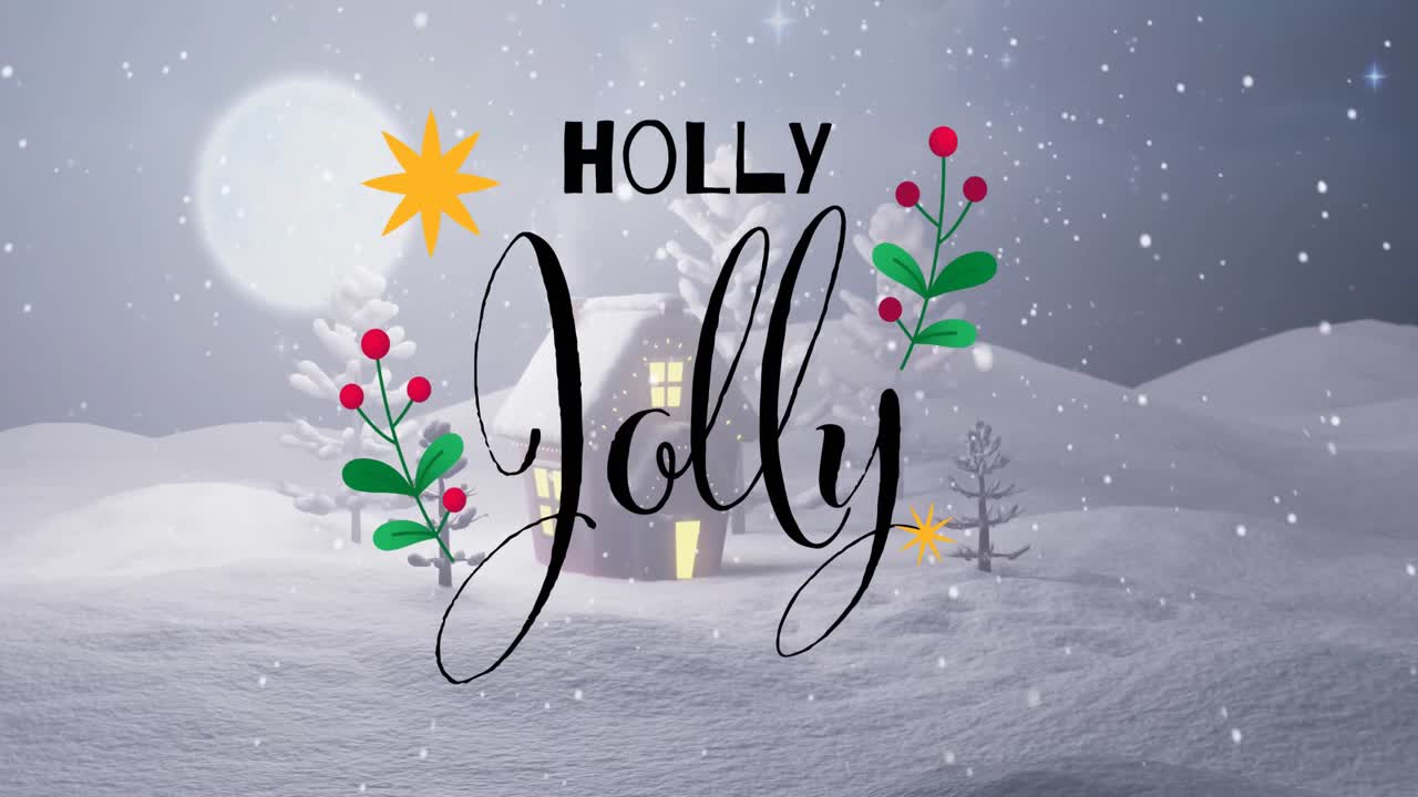 Animasjon av julehilsen-tekst og dekorasjoner over snø og hus i vinterlandskap.