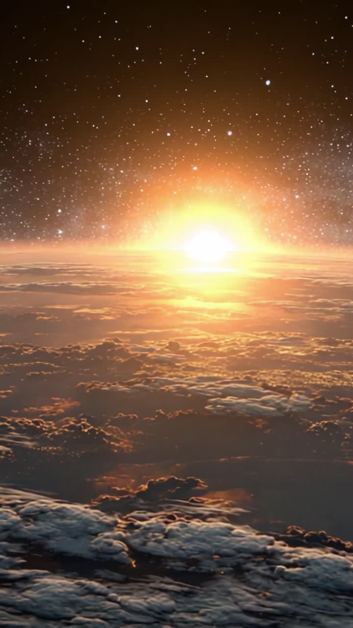 A Beautiful Cosmic Scene: The Majestic Sunrise Over Cloudy Horizons with Twinkling Stars in the Expansive Sky, Capturing the Essence of Nature's Splendor