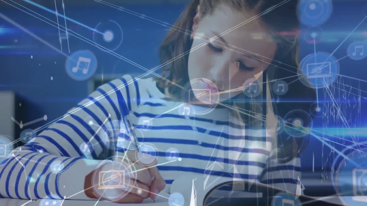 animación de la red de conexiones sobre la niña caucásica en la escuela