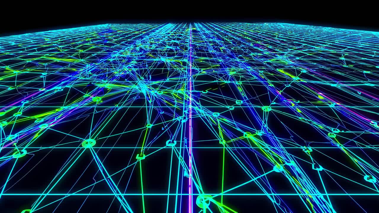 Futuristic digital grid with neon lines and nodes, viewed from a low-angle perspective