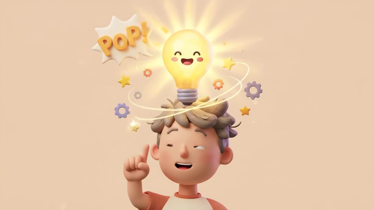 Ragazzo animato in 3D con un'idea brillante e una lampadina