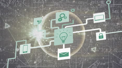 animation of flow chart of icons, globe and lens flare over mathematical equations in background