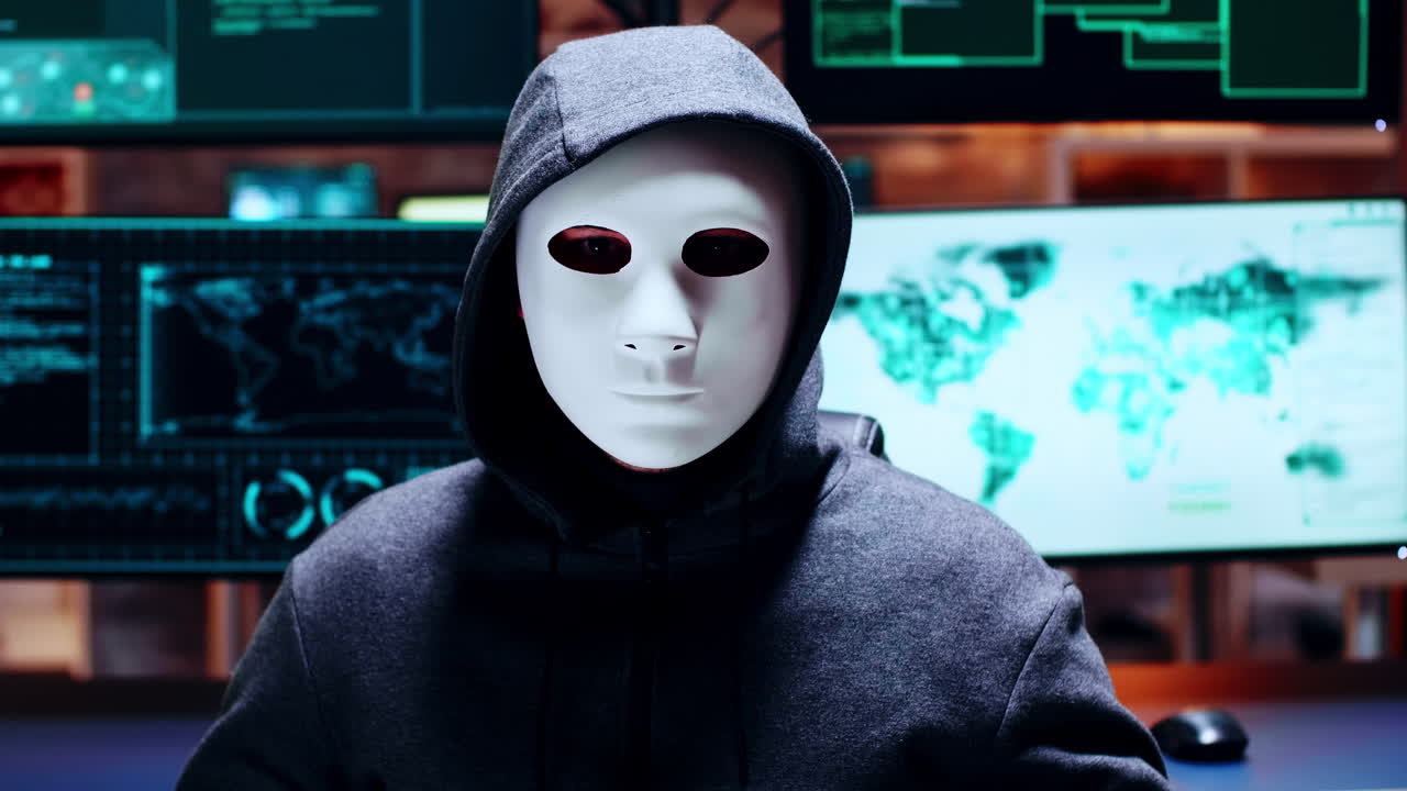 Zoom in shot cyber criminal wearing a white mask