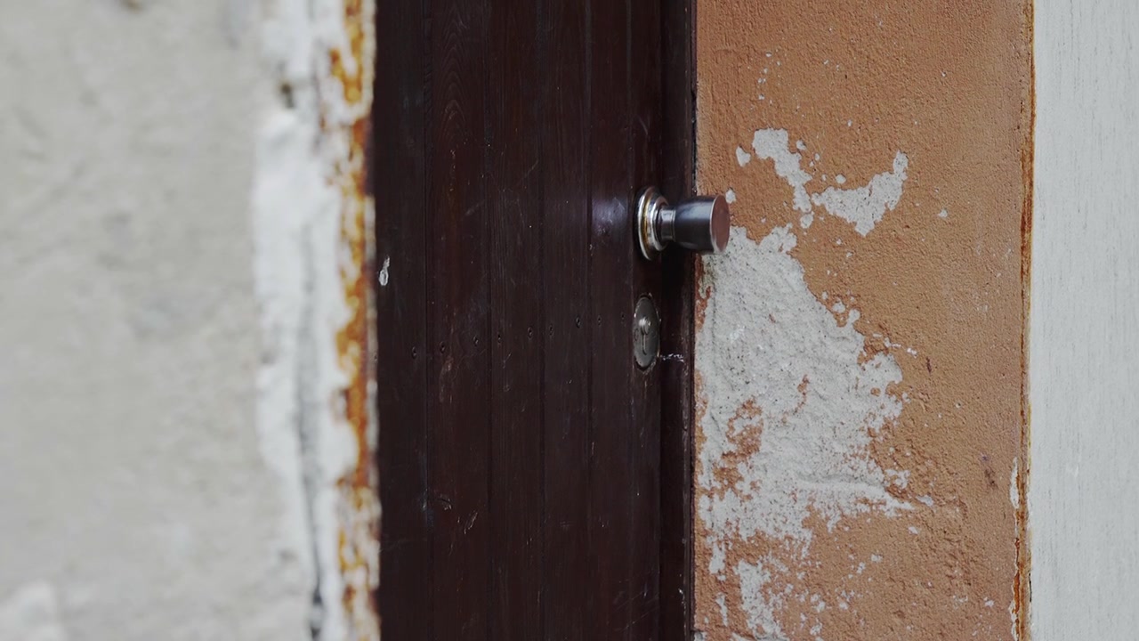 Detailed view of an old door handle and worn wooden door in an urban setting