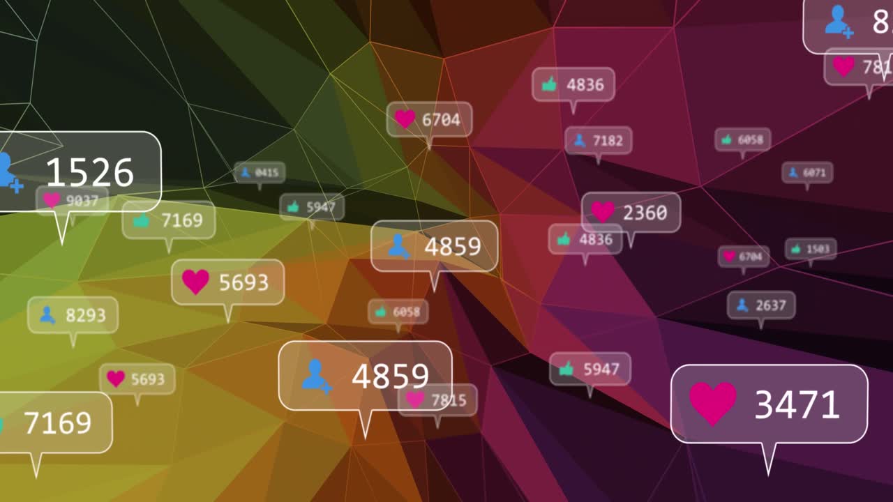 animación de iconos de redes sociales flotando contra el fondo de patrones de formas geométricas abstractas