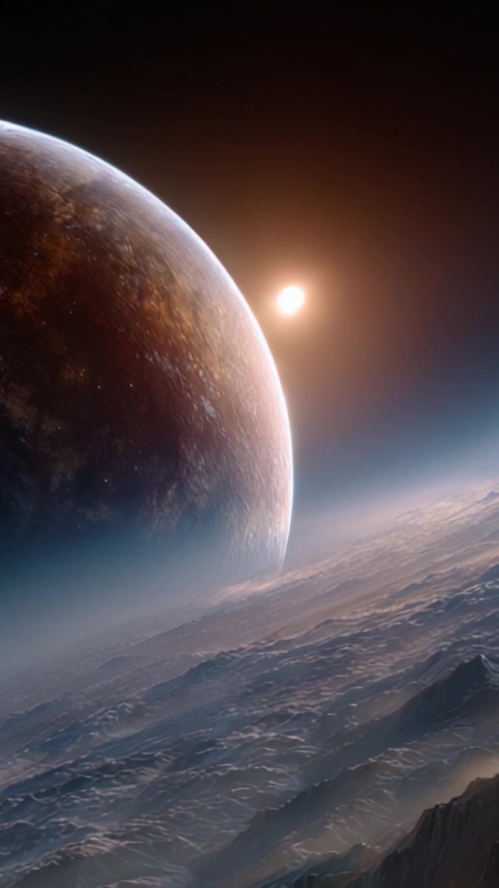 Stunning Cosmic Landscape: A Distant Planet with a Glimmering Sun on the Horizon, Panoramic View of Celestial Bodies Against a Beautiful Galactic Backdrop