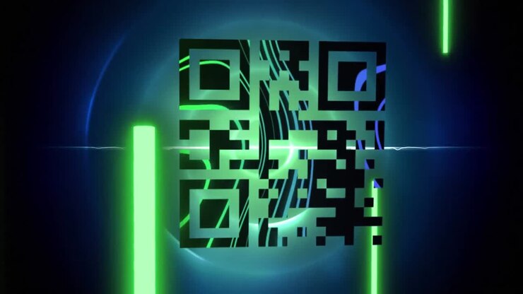 QR code scanner with neon elements against blue glowing circle