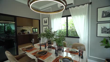 stylish beige and white dining area, open plan home decoration