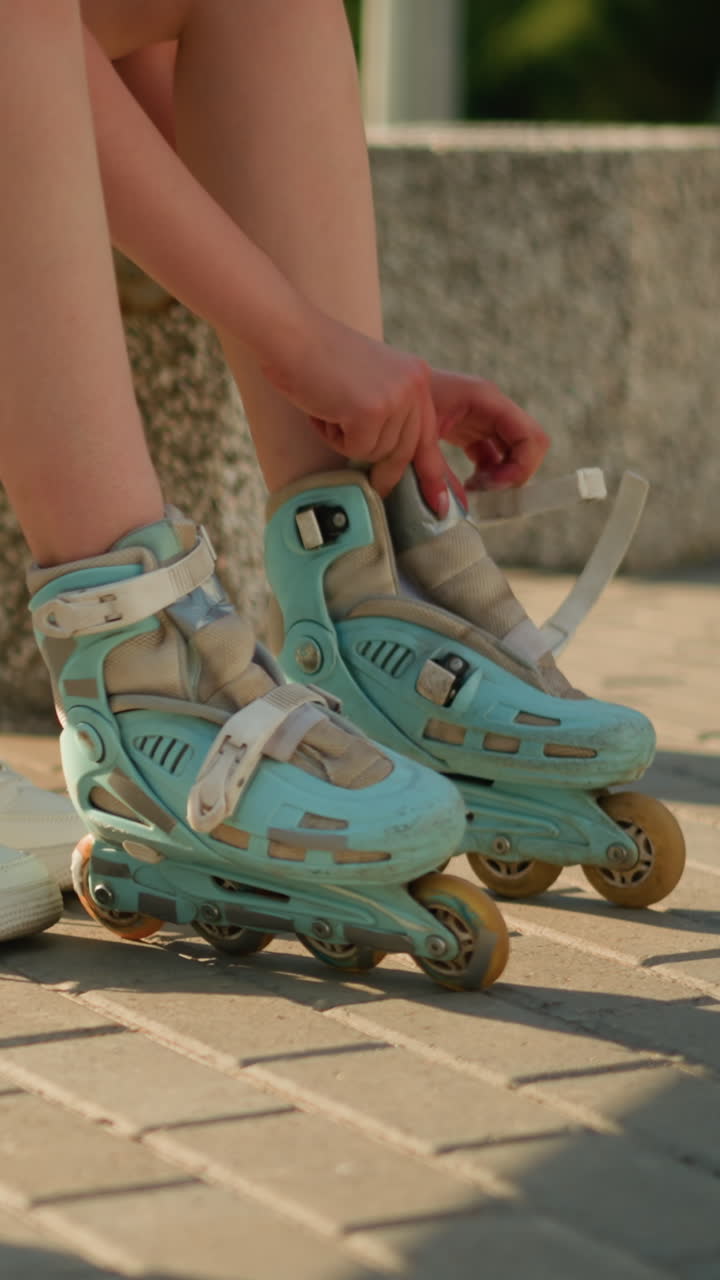 Lower view of individual adjusting roller skate on right leg while seated on bench outdoors, with white sneaker placed behind, sunlight casting warm shadows, greenery visible in background