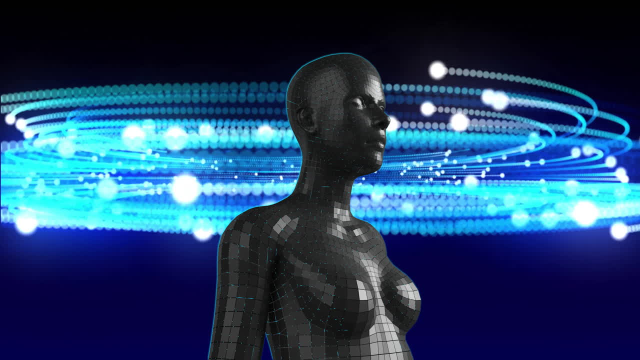 Animation of grey human body and glowing network of connections on black background