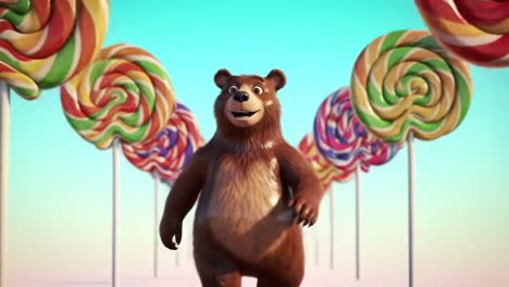 a joyful bear roaming through a whimsical land of colorful lollipops, embracing the sweetness of life and happiness in a vibrant animated scene