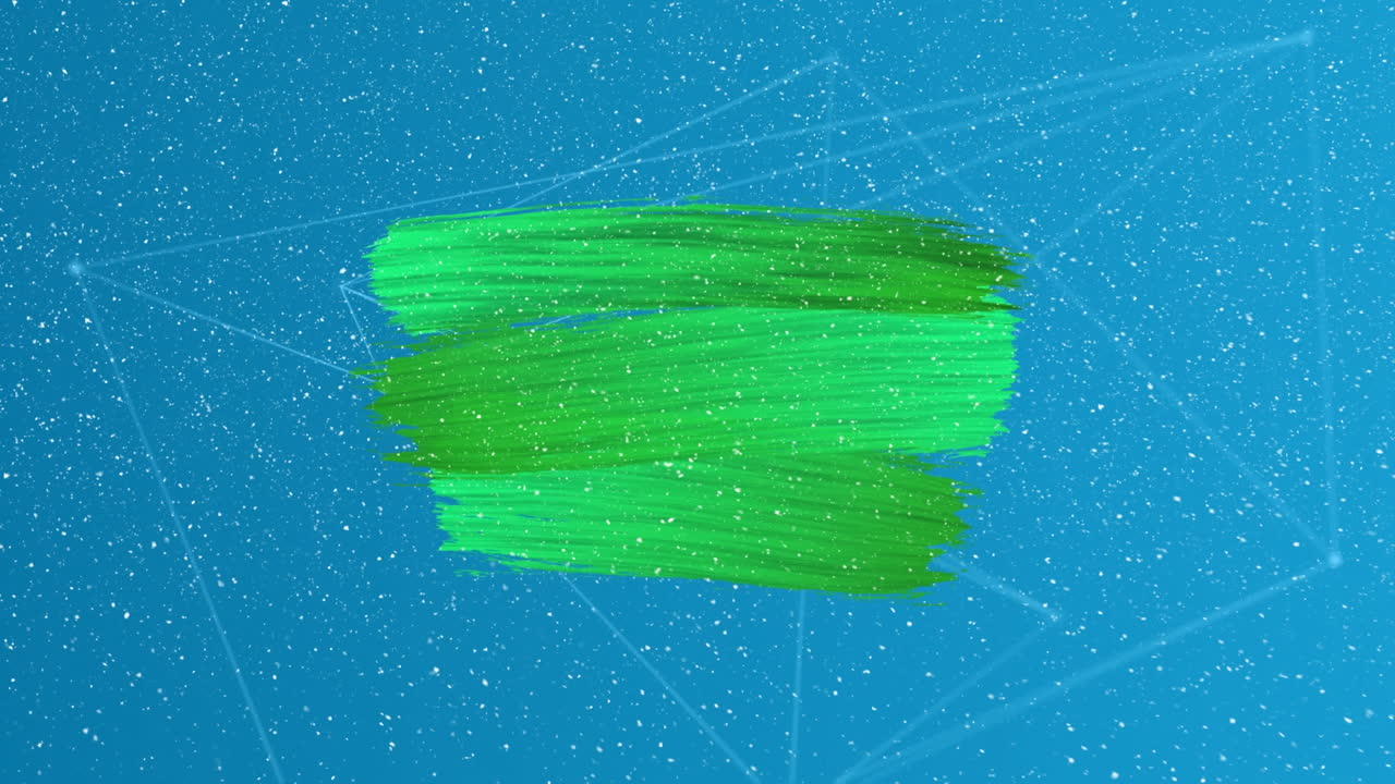 푸른 배경의 연결 네트워크에 대한 녹색 페인트 브러시 스트로크 위에 내리는 눈