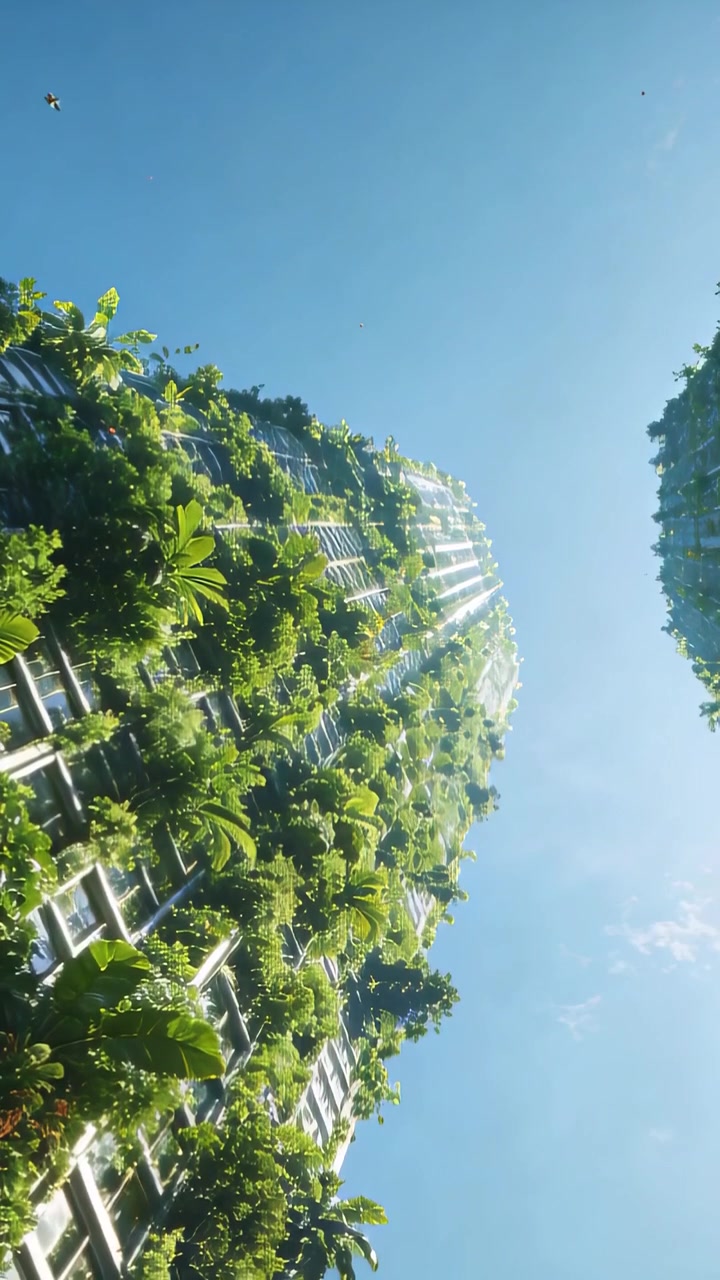 Video vertical: Cámara inclinándose revelando un rascacielos verde en la ciudad, mostrando balcones, jardineras, pájaro.