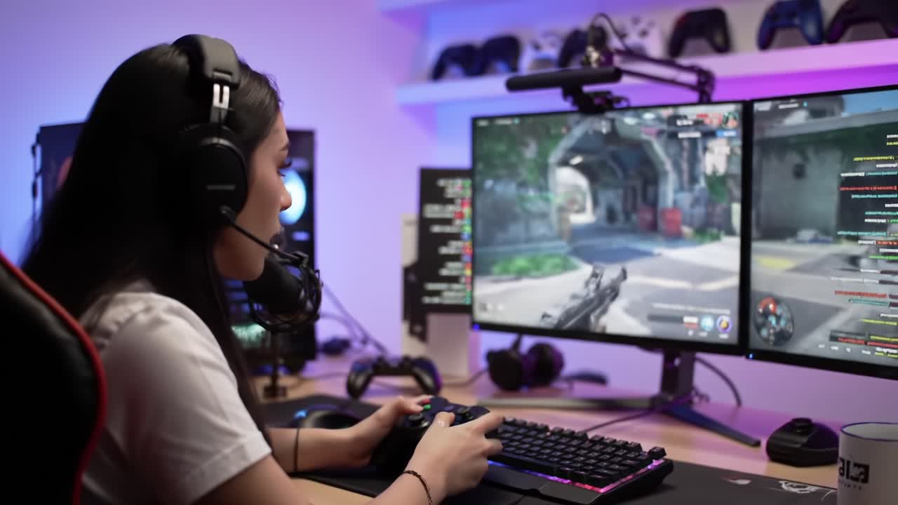 Focused Gamer Engaged in Competitive Gaming with Dual Monitors and High-Tech Setup, Showcasing Skill and Strategy in an Intense Multiplayer Environment
