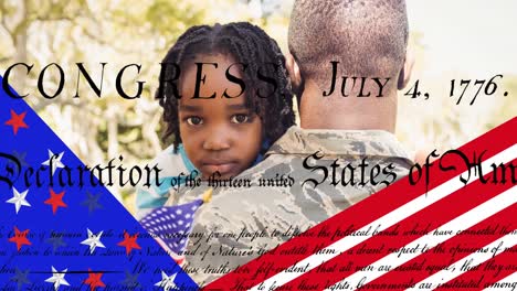 Animation-of-text-over-male-soldier-embarcing-his-son