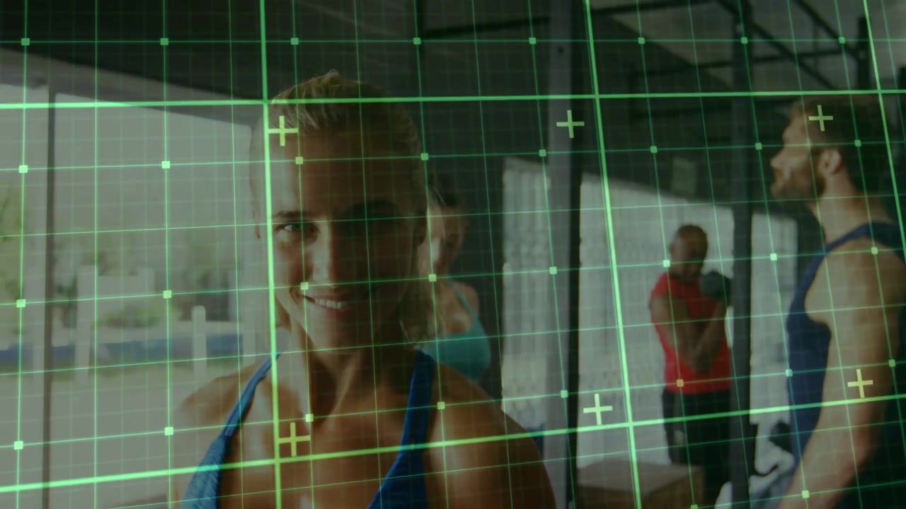 Woman focusing on dumbbell, starting curl reps for fitness in gym, green grid aligning with plates