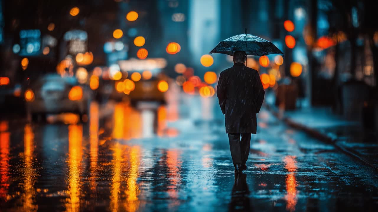 A solitary figure walks through a rainy city street, illuminated by ...