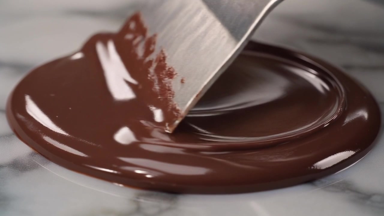 Pasticciere che spalma cioccolato fuso su una superficie di marmo