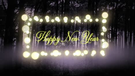 Happy-new-year-text-over-yellow-glowing-fairy-lights-against-multiple-trees-in-the-forest