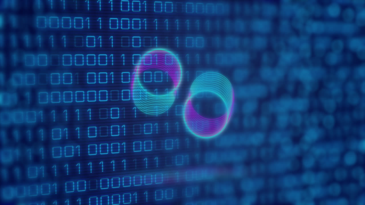Animation of neon circles over digital screen with binary code