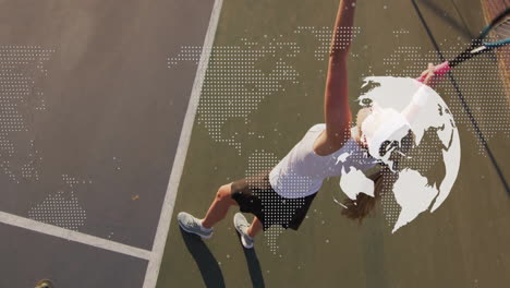woman tossing tennis ball on court, showcasing ar technology overlay with world map and globe