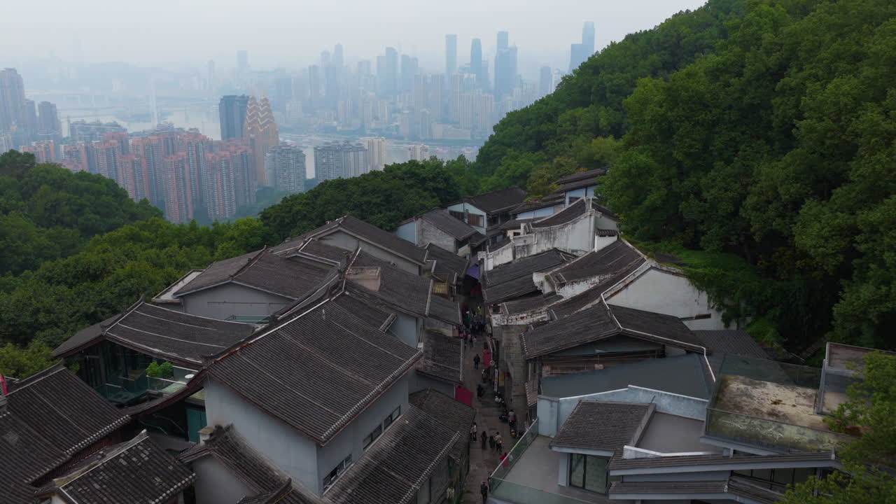 Huangjueya Old Street, Popular Tourist Attraction With Historic Buildings In Chongqing, China. - aerial shot