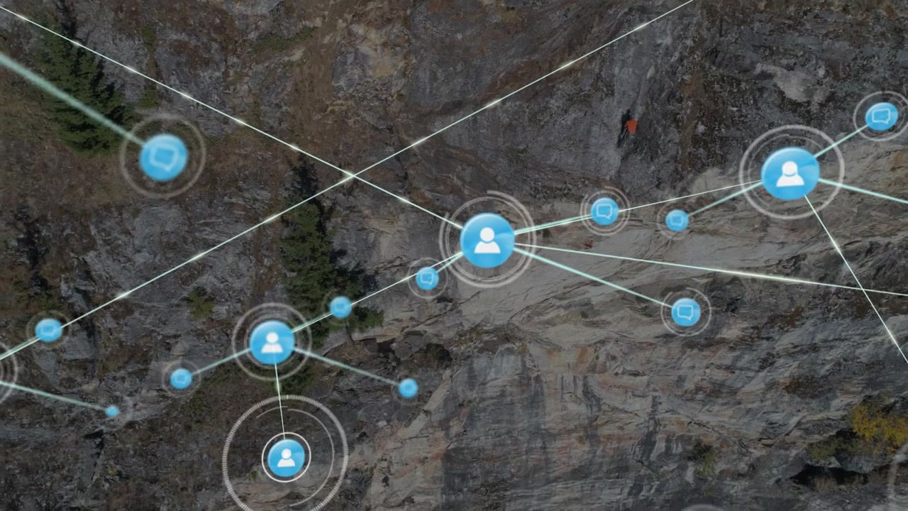Growing Digital Network with People and Chat Icons on Cliff Background