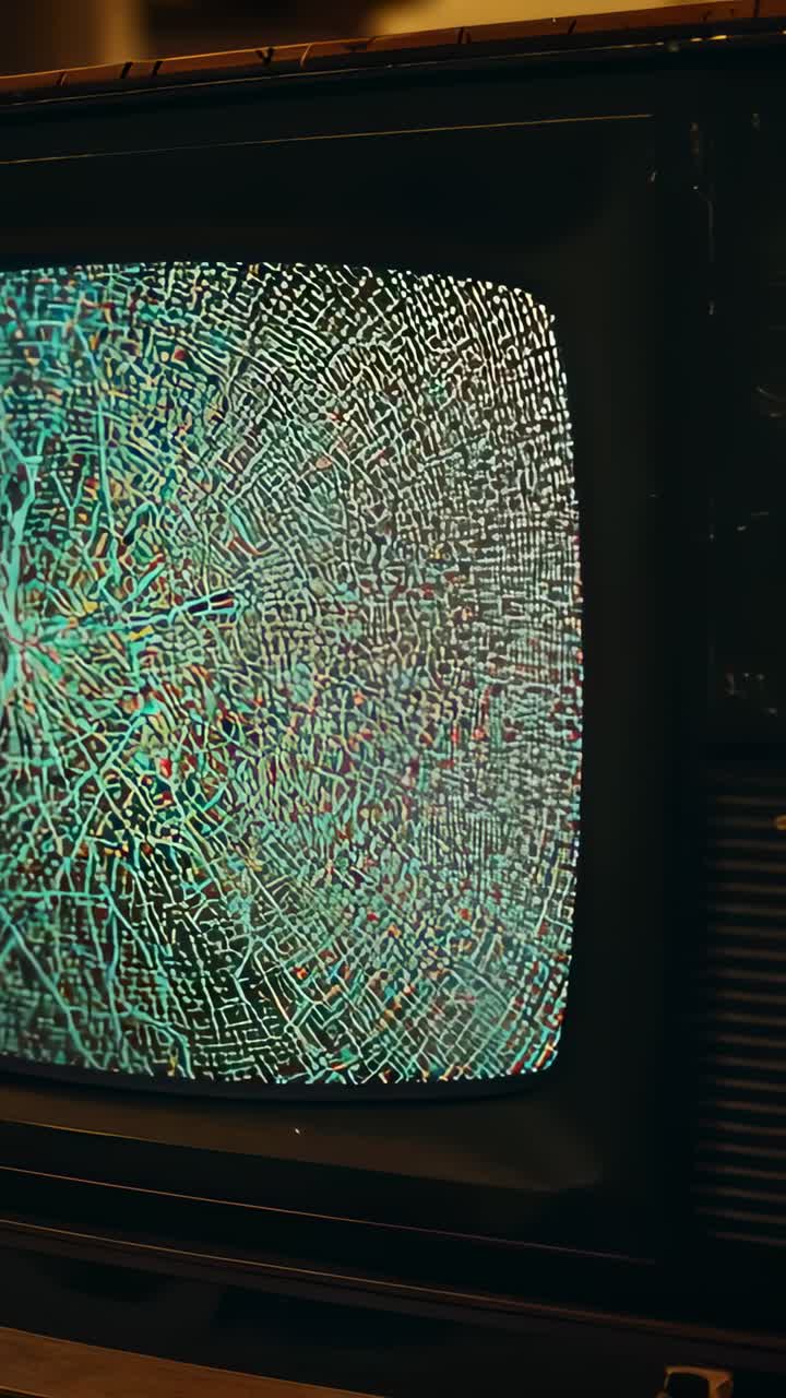 Vídeo vertical: câmera panorâmica se aproximando de uma TV CRT em um quarto escuro com a moldura visível, mostrando rachaduras