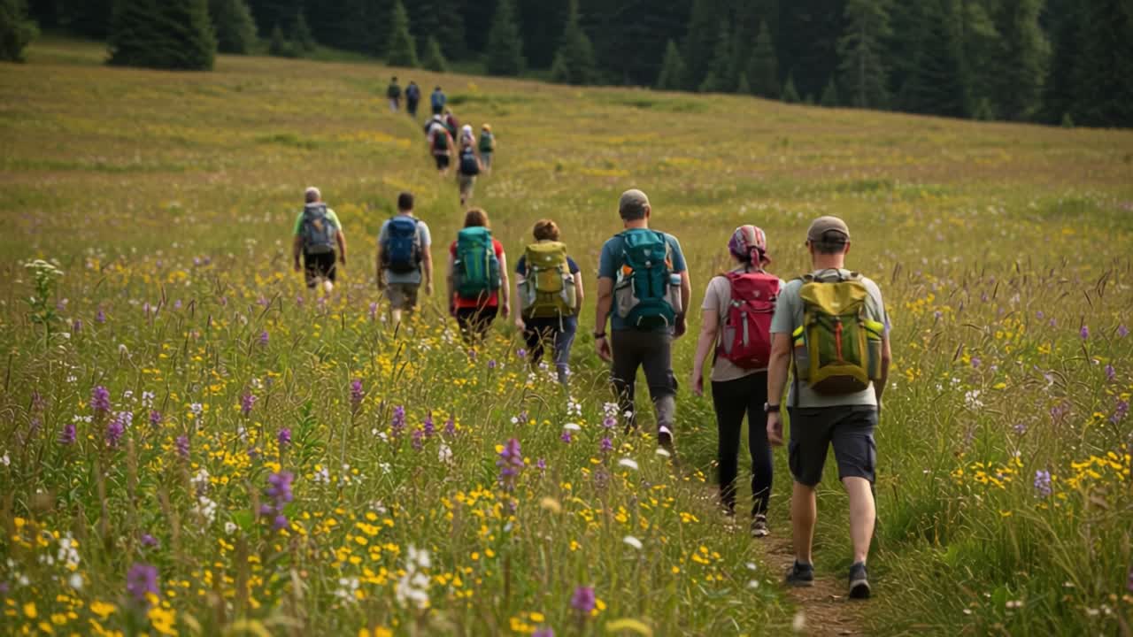 A Serene Group Trekking Through a Vibrant Wildflower Field, Embracing Nature's Beauty While Bonding on an Adventurous Journey Together Amidst Scenic Landscapes
