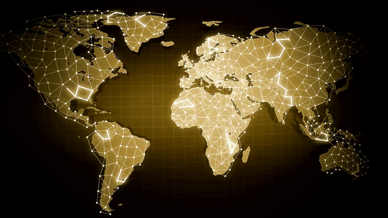 mapa abstracto del mundo de la tierra con conexión a la red holograma global animación amarilla