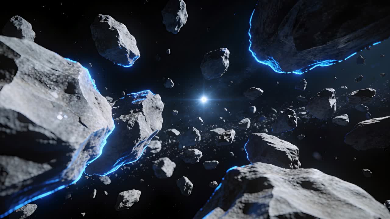 Telecamera in avanzamento che si muove attraverso un denso ammasso di asteroidi verso una stella luminosa, mostrando striature blu