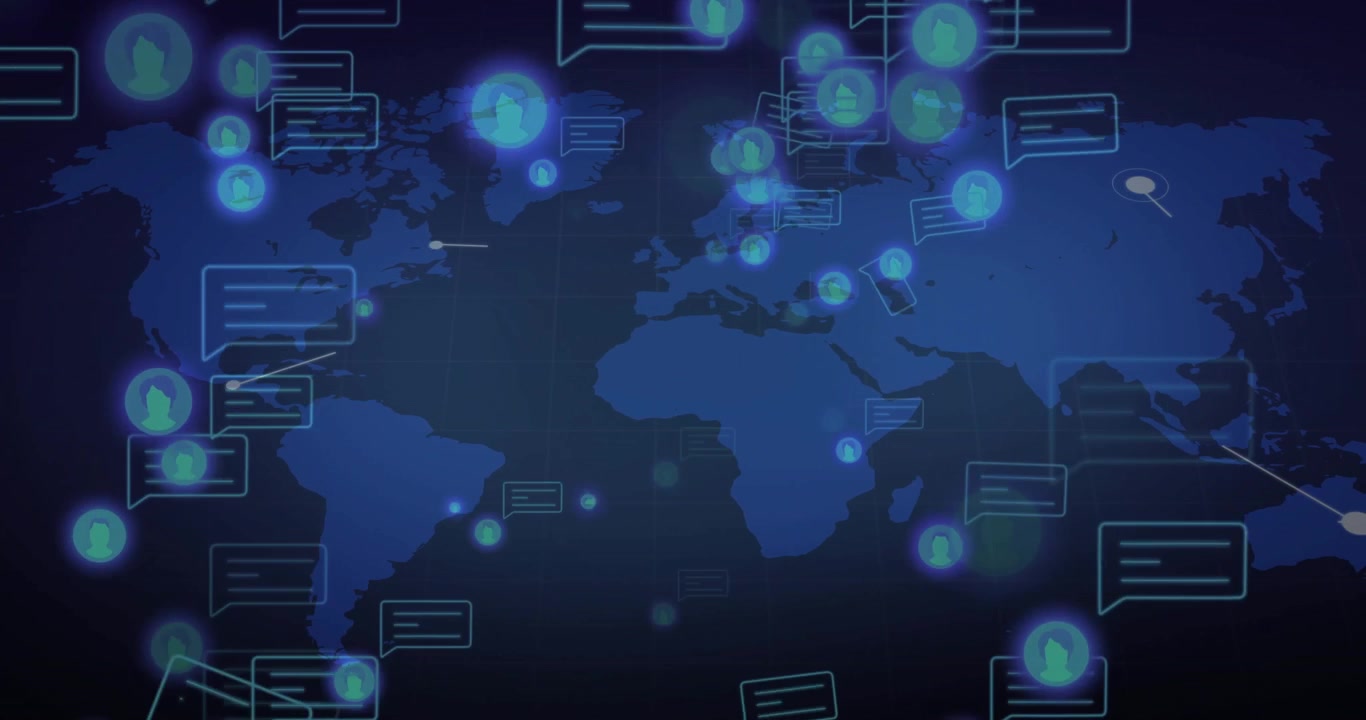 Al caricamento della mappa, nodi pulsanti, icone di chat fluttuanti e linee che collegano le regioni a formare una rete.
