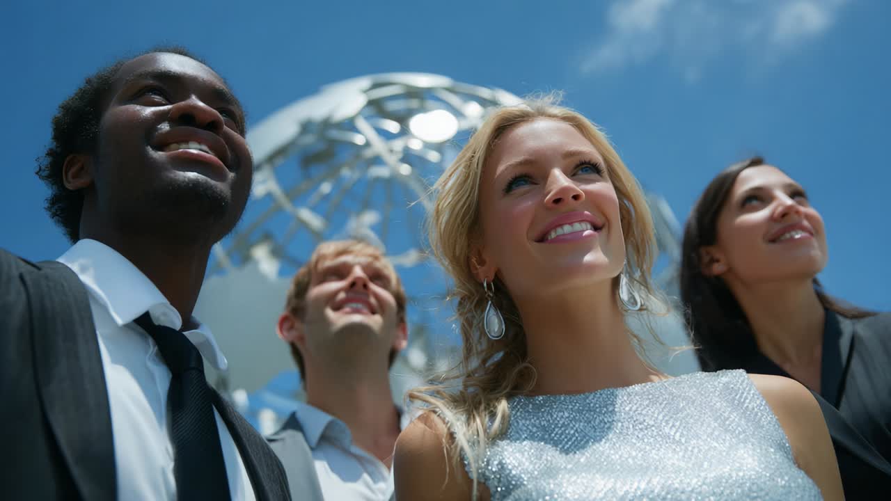 Group of diverse business people looking up at a globe
