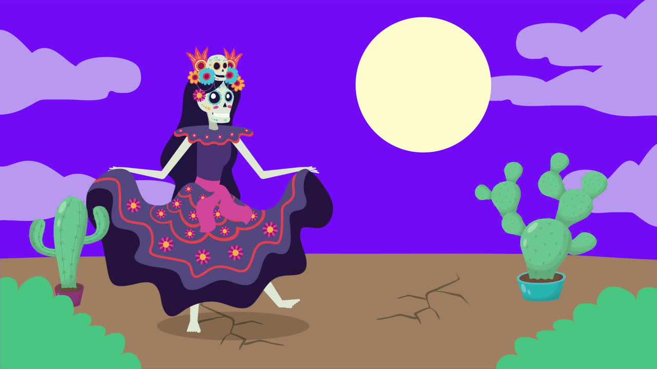 animación viva mexico con el personaje de danza del cráneo de catrina