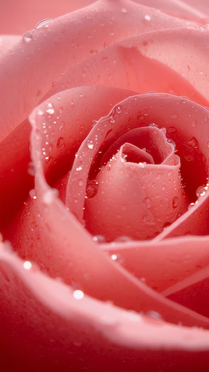 Video verticale: zoom della camera che rivela un bocciolo di rosa rosa in un ambiente da studio, mostrando la rugiada per i dettagli