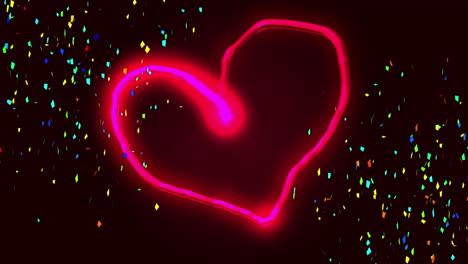 animación de dibujo de luz de corazón rosa de neón, con confeti colorido cayendo sobre un fondo negro
