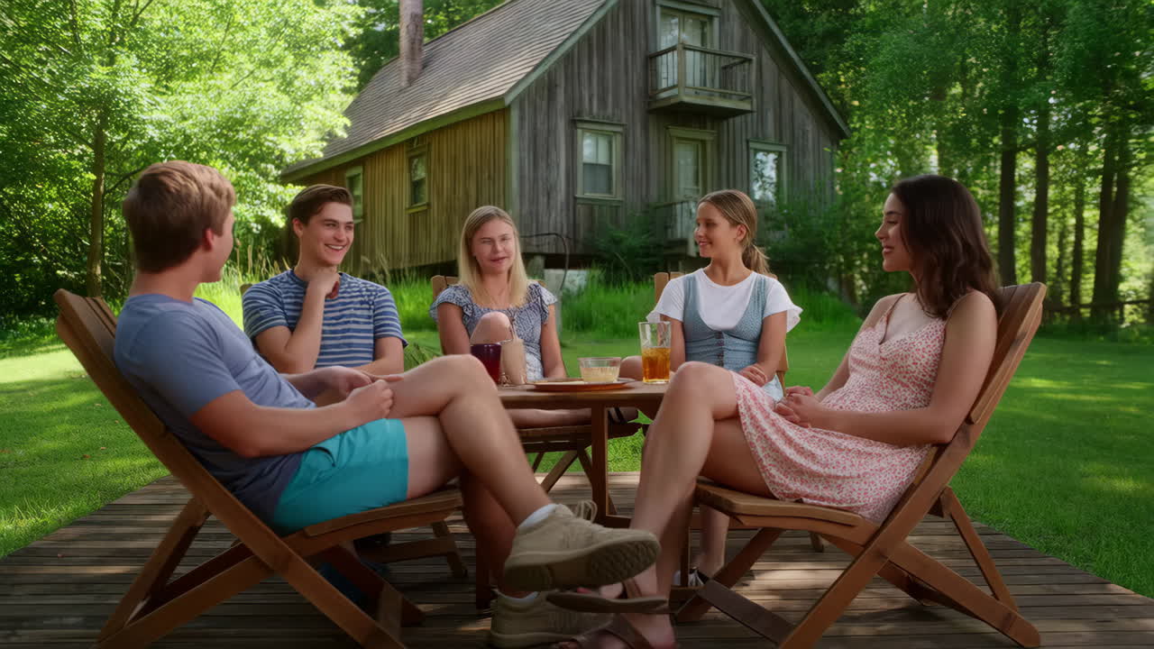 Group of friends socializing and laughing on a wooden deck outside a rustic house