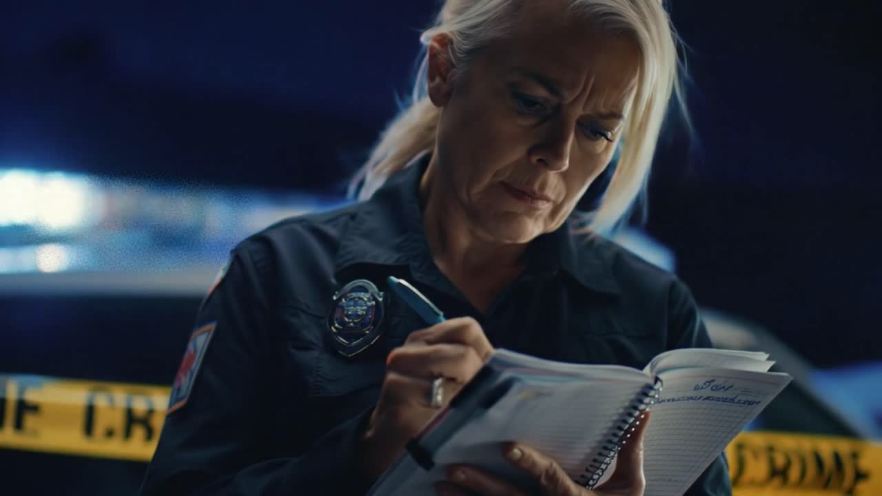 A law enforcement officer carefully records important information in her notebook at a crime scene illuminated by police lights. The surrounding area features caution tape and a sense of urgency.