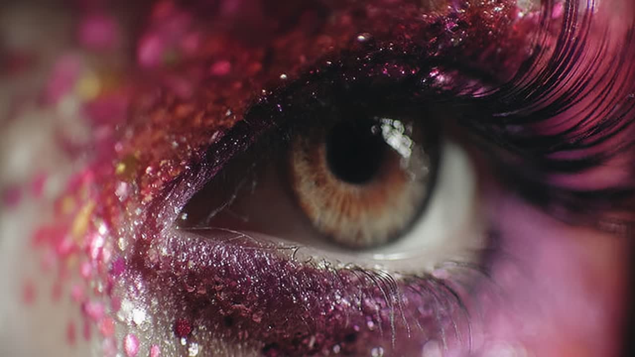 An Exquisite Close-Up of a Sparkling Eye Showcasing Vibrant Colors, Glitter, and Dramatic Lashes, Capturing the Beauty and Depth of Artistic Makeup Techniques