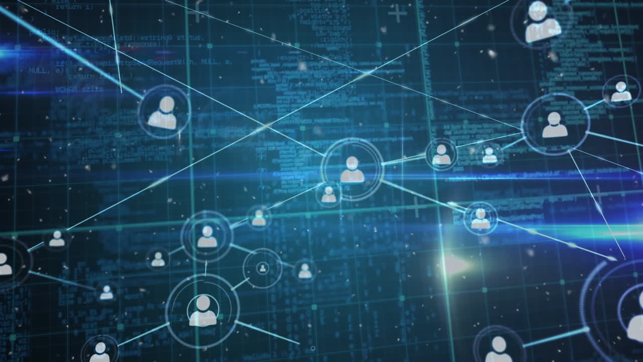 Animation of network of connections with icons over data processing