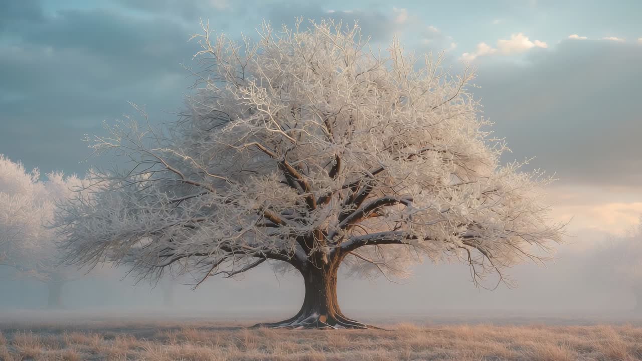 Camera zooming over frosted grass field to frost-covered deciduous tree with drifting low clouds