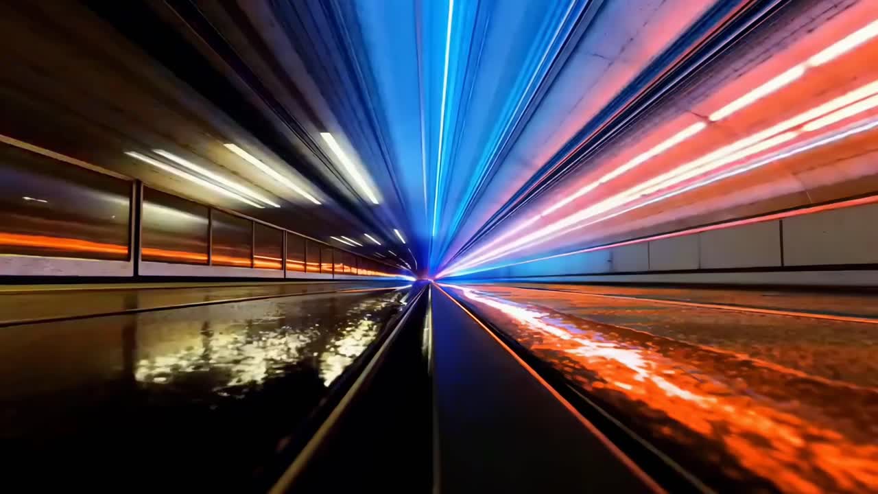 Dynamisk video fra lav vinkel af en tunnel med livlige blå og orange lysspor.