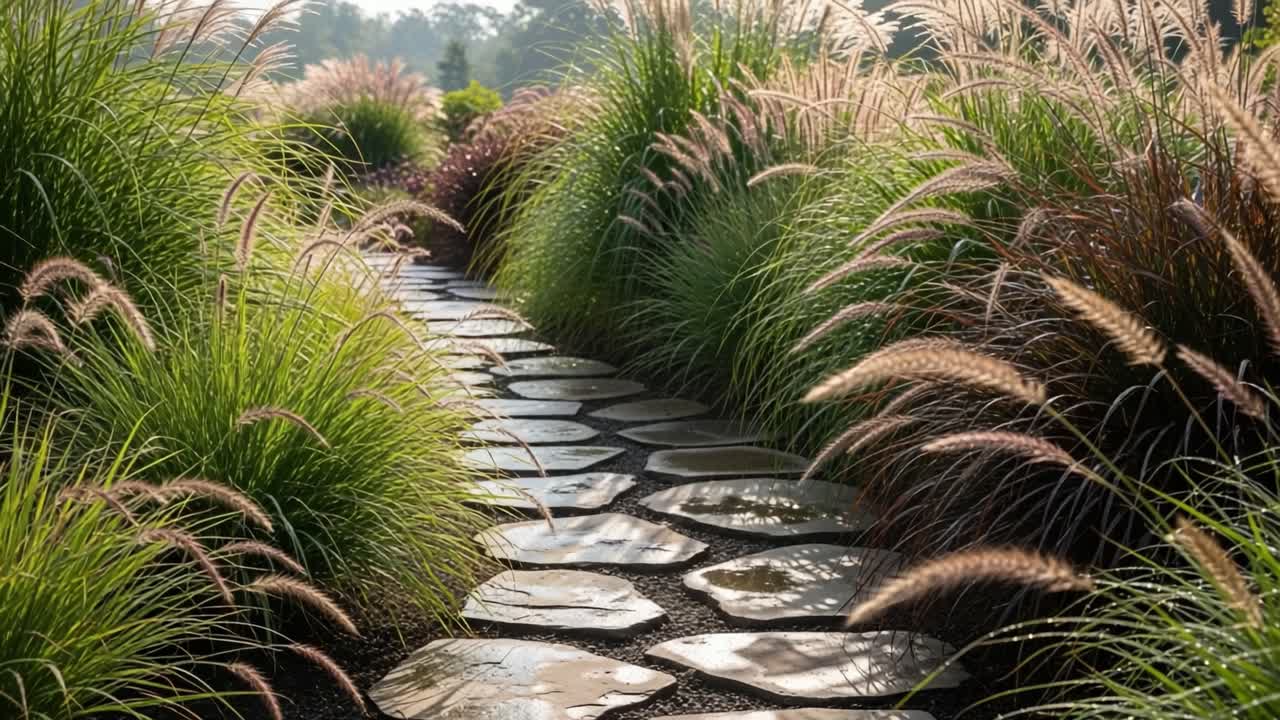 A Serene Pathway: Sunlit Stones Intertwined with Graceful Grasses in a Tranquil Garden Setting